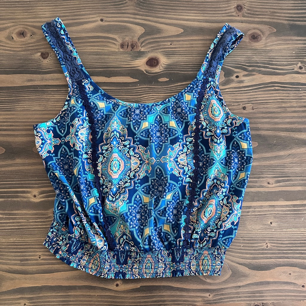 American Rag Women's L Tank Top Blue Teal Paisley Blouson Summer Casual